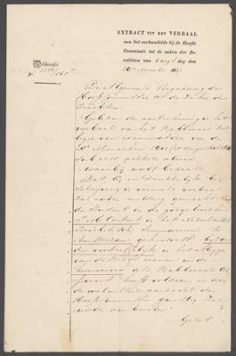 Uittreksel uit de notulen van de Hoofdcommissie tot de zaken der Israëlieten waarbij Content een bronzen erepenning wordt aangeboden, 1841
