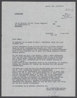 Stukken betreffende het ontslag van Schelfhout bij Circus Faggioni, 1972-1973
