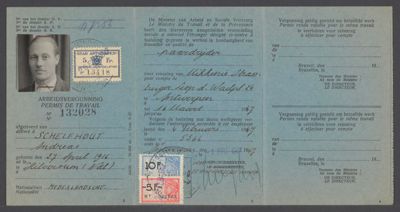 Tijdelijke arbeidsvergunning voor A. Schelfhout in Brussel. Met een pasfoto, 1947