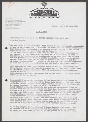 Tekst van een voorwoord door Ria Kuyken voor een boek door Corrie Verkerk over Jack Bow. Met ingeplakte en losse foto&#39;s en knipsels, 1981