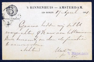 &#39;t Binnenhuis te Amsterdam. Betreffende aanvaarden functie, 1901
