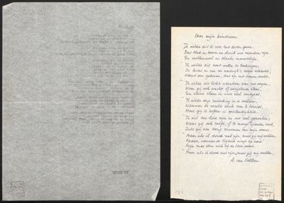 Tekst van een gedicht op &quot;De Rozen&quot;, zijnde de door De Roos ontworpen letters. Met de tekst van het gedicht Voor mijn kinderen van A. van Collem?, ongedateerd