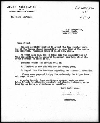 Uitnodiging voor mrs. Kahan voor een reünie van de Alumni Association of the American University of Beirut, Nursus&#39; Branch; met envelop, 1925