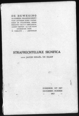 Strafrechtelijke significa. Overdruk uit De Beweging; met naam van De Haan (niet in zijn handschrift?), 1917