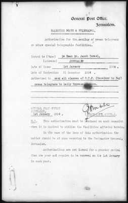 Vergunning van de Postmaster General van Jeruzalem voor De Haan voor het versturen van perstelegrammen; met bijlage en envelop, 1924