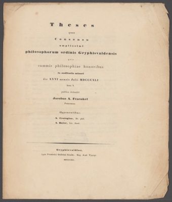 Stellingen verdedigd voor zijn promotie aan de universiteit van Greifswald; met curriculum vitae; gedrukt, 1841