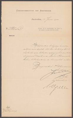Stukken van de gemeente Amsterdam met betrekking tot Wijnkoops aanstelling als  privaat docent Hebreeuws aan de Universiteit, 1900-1906